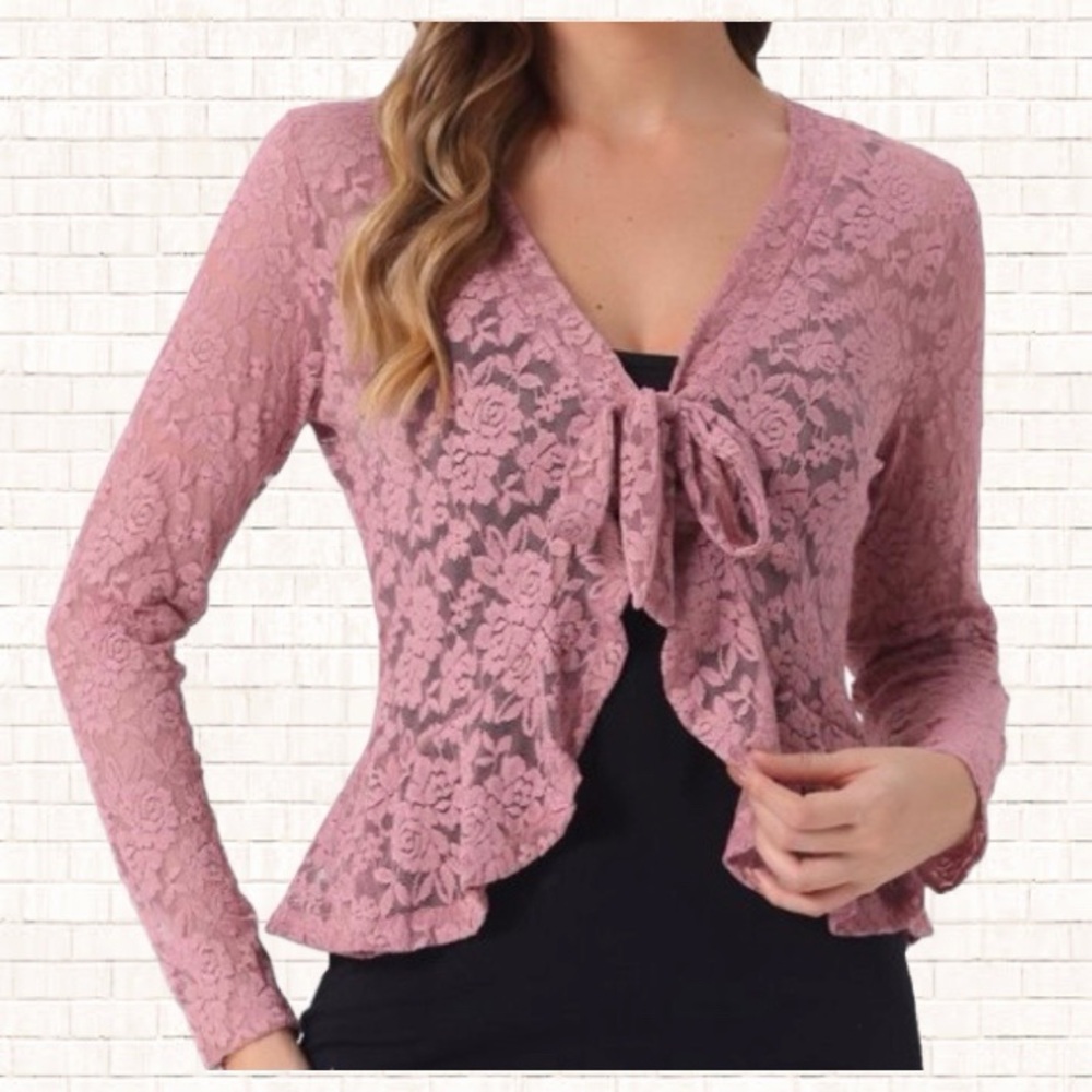 INSPIRE CHIC Tie Front Ruffle Hem Floral Lace Sheer Crop Dress Shrug Pink XL NWT